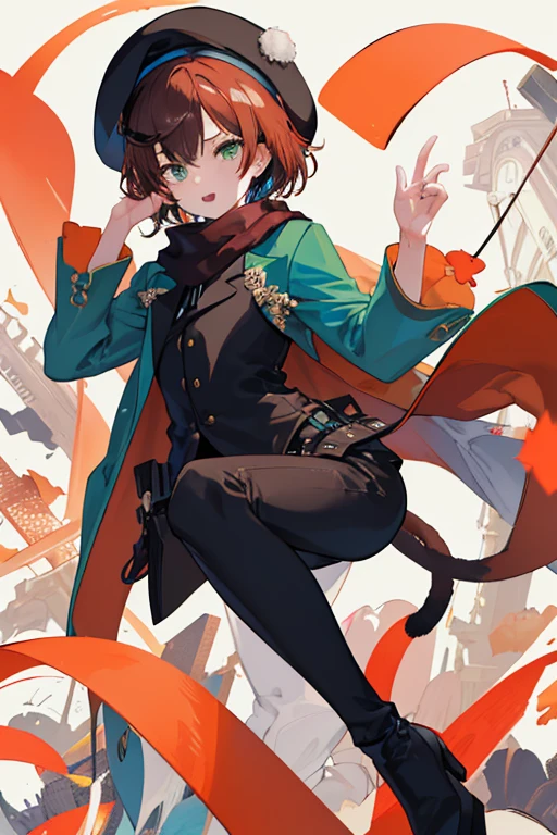 ((tmasterpiece:1.4,best qualtiy))++,(hyper-detailing)+,(best qualtiy,hyper-detailing,vivd colour,rich colourful,dynamic angle,hight contrast:1.unge boy,Height 140cm,adolable,Caramel color short hair,Lake green eyes,Caramel colored cat ears and tail,shorter pants,longer sleeves,Brown knee-length boots,Clothing with Chinese elements,beret,beret with tassels,Green scarf tied around the neck,draw the whole body,Holding a black crossbow in hand(high detal,high qulity),dream elements,The style of the collapsing stardom railway,delicated face,exquisite facial features,(from below:0.5), Fashionab, with dynamism, garments, posing on a, frontage, rich colourful, dyna, Background with, element in, self-assured, Expressing the, statement, fittings, A majestic, coil, Runt, Scenes, Cover of a, boldness, attention-grabbing, Fashionab, typeface, Catchy, attention-grabbing, modern day, Fashionab, focal, Fashionab,National tide,modern national style background