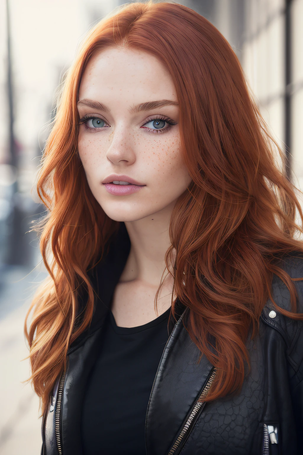 a photo of a seductive woman with loose styled (redhead hair:1.1), bored, she is wearing a hoodie and black leather jacket and leggings, mascara, (textured skin, skin pores:1.1), (moles:0.8), imperfect skin, goosebumps, flawless face, (light freckles:0.9), (sun-kissed:1.1), ((photorealistic):1.1), (raw, 8k:1.3),