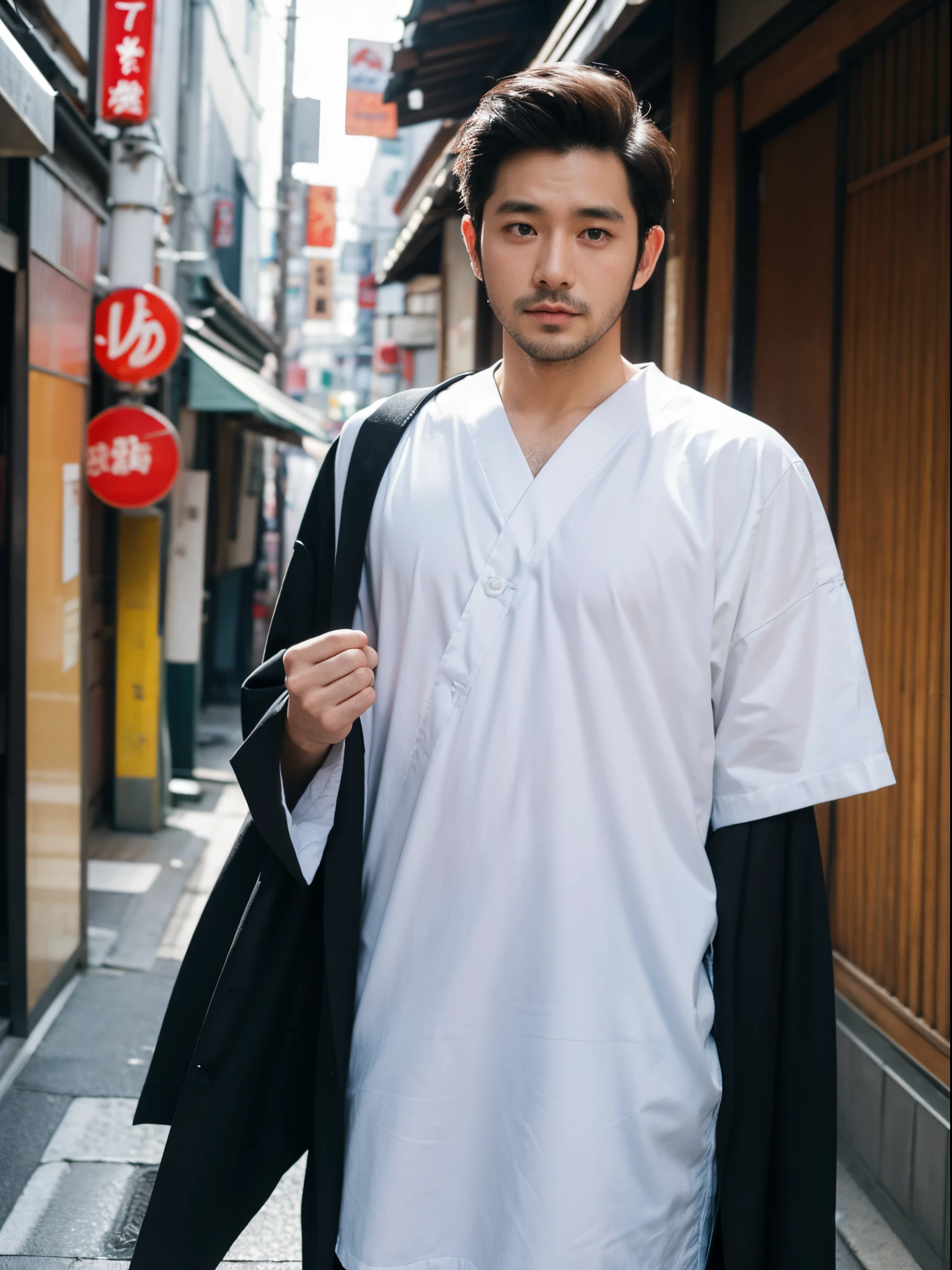 man, 30 years old, slick back, shirt, japanese street, half body photo