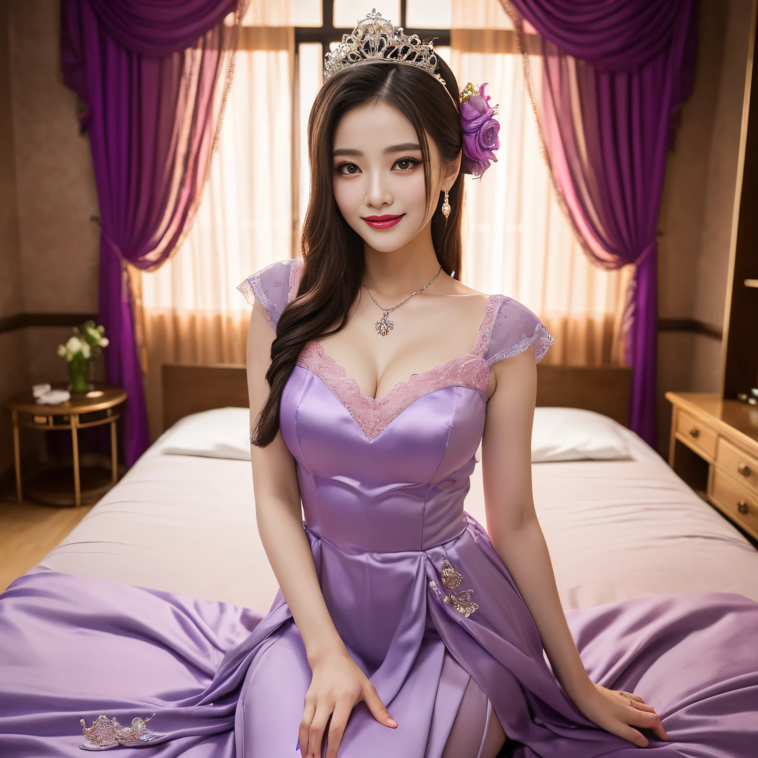 ((highest quality、table top、8K、best image quality、extremely complex and detailed depiction))、(Japan's most gorgeous prostitute goddess:1.2)、(The most gorgeous prostitution goddess huge costume:1.2)、The perfect and most natural high-end costume、(The most luxurious and highest quality giant tiara:1.1)、(The most luxurious and highest quality giant necklace:1.1)、(the most vivid and luxurious costumes:1.1)、big long costume、(The unimaginably luxurious goddess room:1.3)、(The most luxurious and luxurious room with glittering purple and pink colors:1.2)、High-end interior in purple and pink、The most natural and perfect goddess room、The most luxurious and perfectly organized room of a prostitute goddess、A perfectly ordered and orderly room、one perfect chandelier、The most luxurious purple and pink room、purple and pink gems、(A glittering room decorated with plenty of jewels:1.1)、very intricate decoration、very clear goddess room、Please look at me、bewitching smile、perfect makeup、long eyelashes、lipstick、pink eyeshadow、(perfect anatomy:1.1)、best smile、(very bright and vivid:1.1)、(shiny skin:1.1)、(Ultra-high definition bright and beautiful skin:1.1)、Super high definition beautiful teeth、ultra high definition hair、Super high-definition sparkling eyes、(very bright and vivid:1.3)、(Beautiful skin that shines very brightly:1.3)、brown hair、standing elegantly、(body facing straight ahead:1.2)、(Upper body photo facing forward:1.1)、slender body、Strongly blurred background