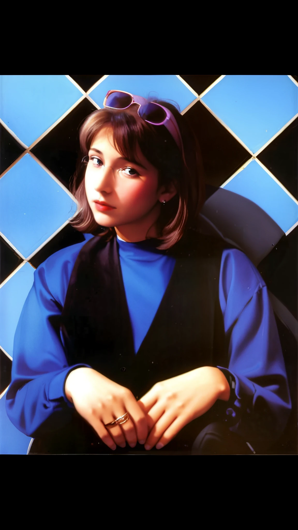 Imagen arafed de una mujer con gafas sentada en un suelo de baldosas., inspired by Zoë Mozert, por Cindy Sherman, alternate album cover, Linus Sebastian, Foto 1998, 1 9 8 0 s Mujer, Foto promocional, taken in the late 1980s, La joven Carrie Fisher, Van Allsburg