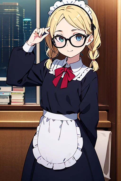 Robert, pigtail, twin braids, glasses, jewelries, maid, vidros opacos, colar, avental, cruz, cocar de empregada, colar de cruz, cabelos longos, mangas compridas, franja, Round Eyewear, mangas inchadas, cabelos pretos, 1girl, sozinho, Visualizador voltado, Olhando para o Viewer, parte superior do corpo, sorrir
