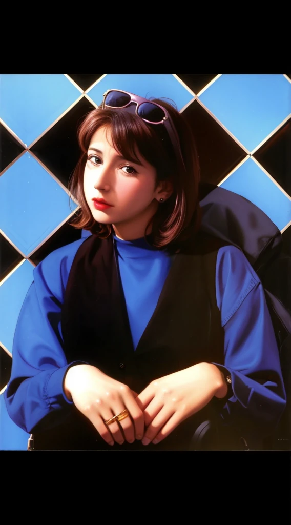 Imagen arafed de una mujer con gafas sentada en un suelo de baldosas., inspired by Zoë Mozert, por Cindy Sherman, alternate album cover, Linus Sebastian, Foto 1998, 1 9 8 0 s Mujer, Foto promocional, taken in the late 1980s, La joven Carrie Fisher, Van Allsburg