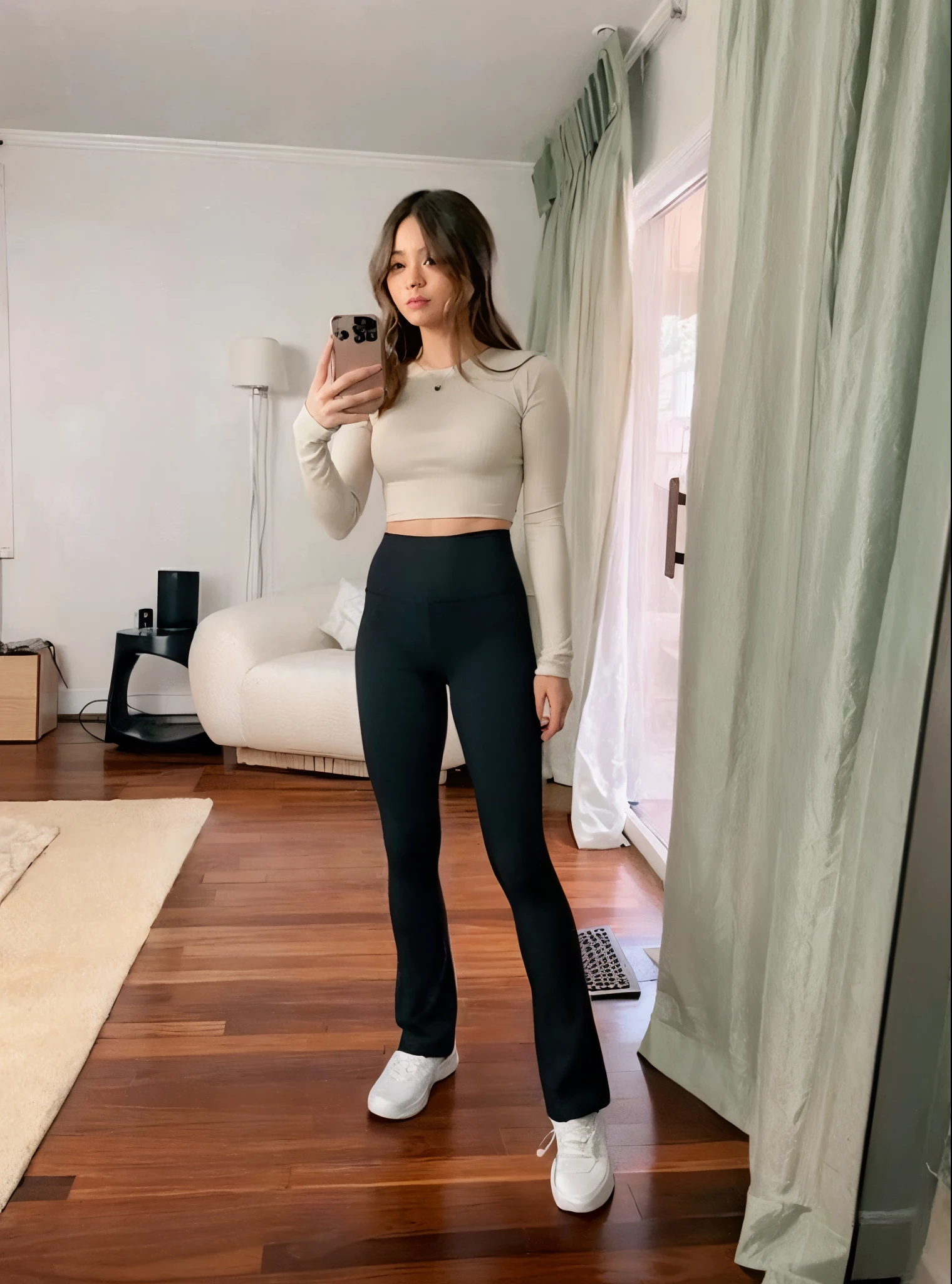 arafed woman taking a selfie in a living room with a mirror, wearing a cropped tops, physical : tinyest midriff ever, wearing a cropped top, wearing tight simple clothes, wearing a sexy cropped top, wearing crop top, tight outfit, skinny waist and thick hips, wearing a crop top, toned, gemma chen, fit, black pants