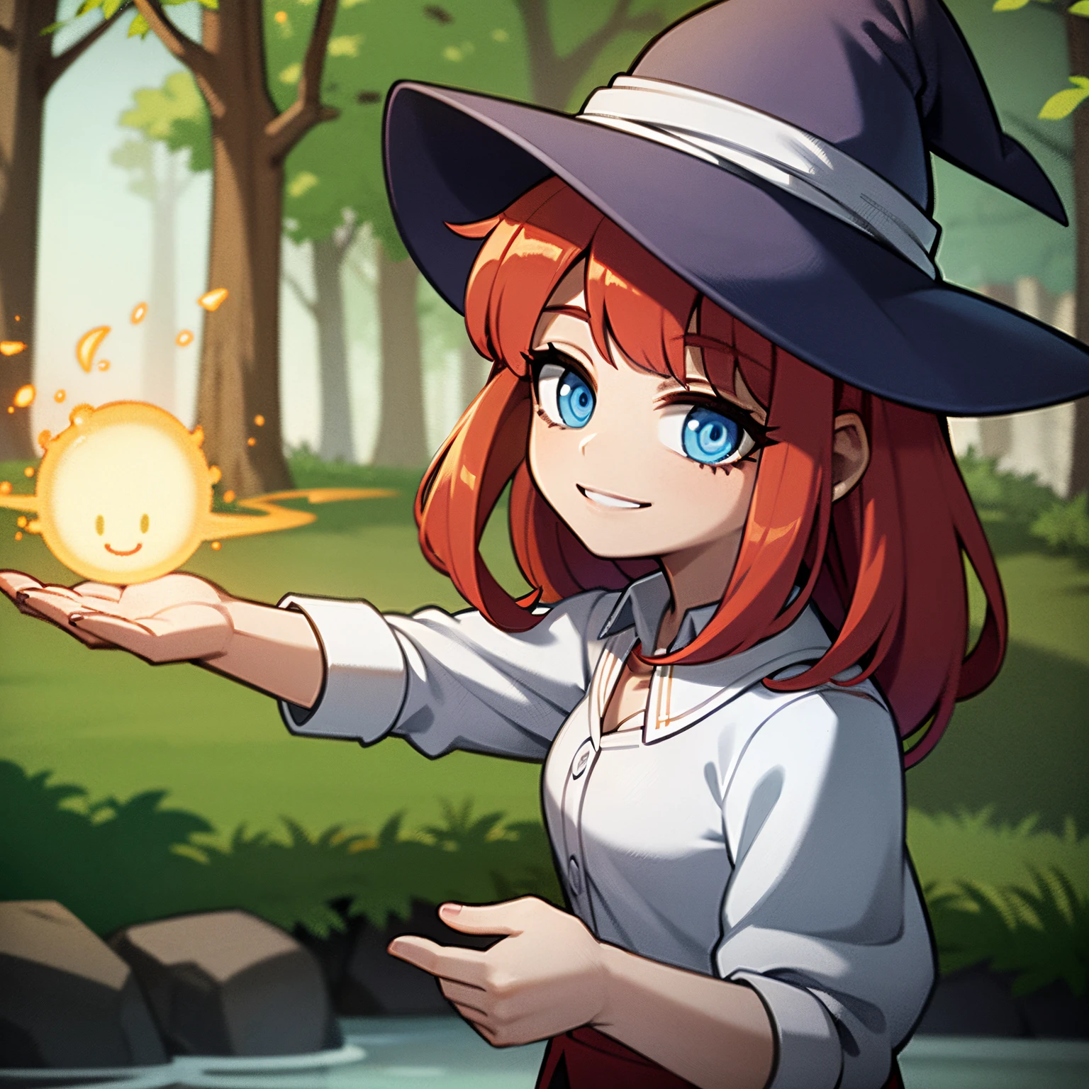 Young girl, witch, red hair, blue eyes, white outfit, witch hat, in a forest, floating in a river, smiling, looking at viewer, magic in hands, floating in a river, 4k, masyerpiece, best quality, good anathomy, HD