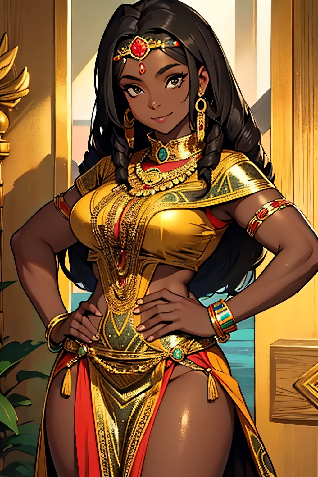 mulher africana de pele negra clara em um vestido tribal dourado posando para uma foto, vestindo SSAHC, (((imagem de corpo inteiro)))