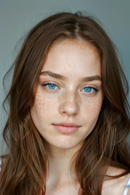 beautiful lady, (freckles), soft smile,lightblue gray eyes,long hair, dark makeup, hyperdetailed photography, soft light, head and shoulders portrait, cover