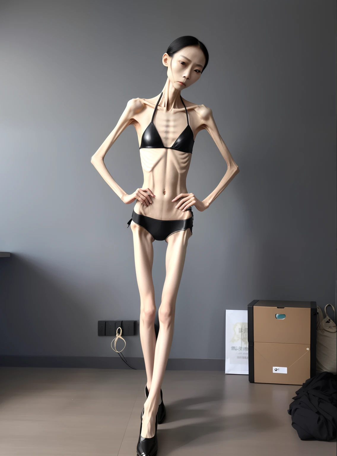 very thin woman,The body is very thin,Protruding sternum,chest atrophy,The waist is very thin,The ribs are noticeable,Protruding ribs,The pelvic protrusion is very obvious,Clear outline of pelvis,thin shoulde,The waist is very thin,Sunken abdomen,Delicate arms,arm muscle atrophy,The bones are obvious,anorexia,Asia face,Wear high-heeled leather shoes,Muscle atrophy throughout the body,Very sad expression,streaming tears,Excessive weight loss,The face is sunken and thin,Severe malnutrition,Body as thin as a skeleton