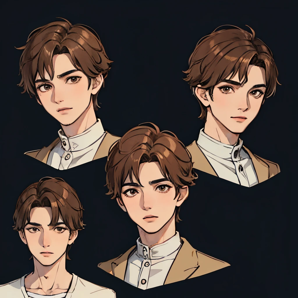 boy with brown hair brown eyes, character sheet, head view from different angles