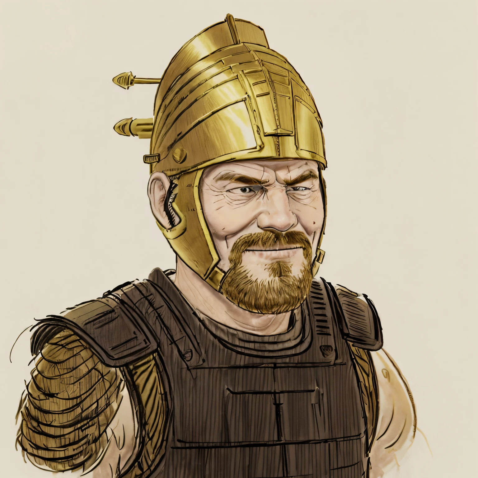 a cartoon drawing of a man in a helmet and armor, smiling spartan, dressed in spartan armour, wario as the armored titan, heavy golden armour, wearing golden armor, face of an armored villian, an angry muscular army general, wearing a round helmet, d&d character head portrait, sneering roman legioneer, godsent, warrior dnd character