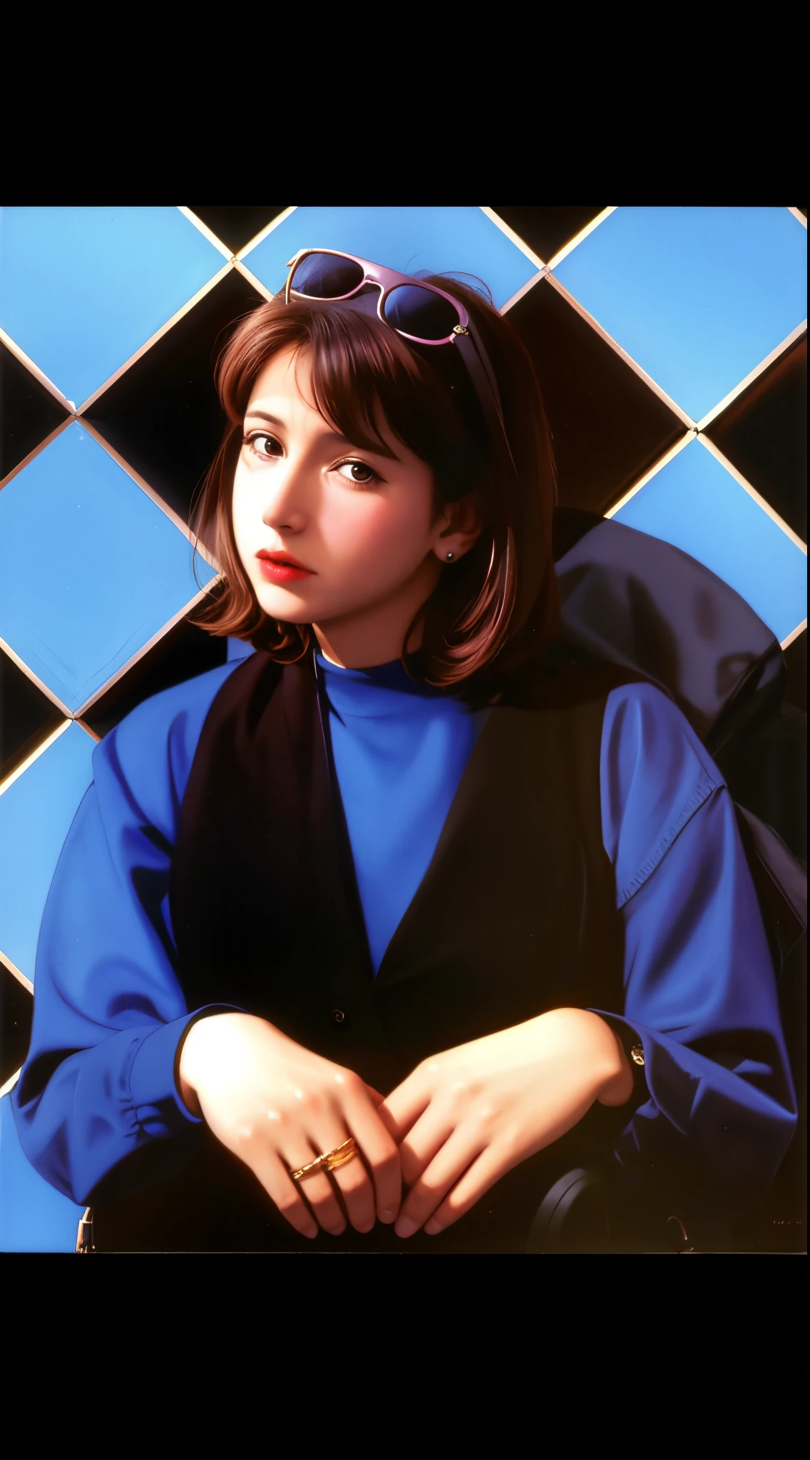 Imagen arafed de una mujer con gafas sentada en un suelo de baldosas., inspired by Zoë Mozert, por Cindy Sherman, alternate album cover, Linus Sebastian, Foto 1998, 1 9 8 0 s Mujer, Foto promocional, taken in the late 1980s, La joven Carrie Fisher, Van Allsburg