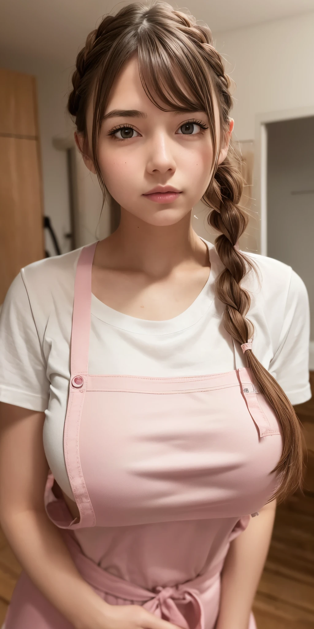1girl,huge breast, brown hair,Braid hair, white t-shirt,pink apron,in apartment, high quality, ultra detailed, masterpiece, realistic