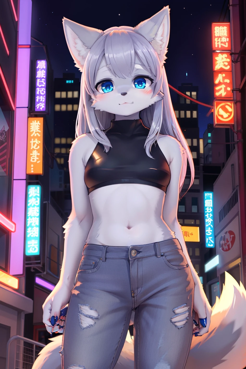 masterpiece, solo, 1girl, Furry, kemono, furry wolf, anthropomorphic, female, blue eyes, (silver fur, silver skin), crop top, jean pants, sci-fi city, uploaded on e621,