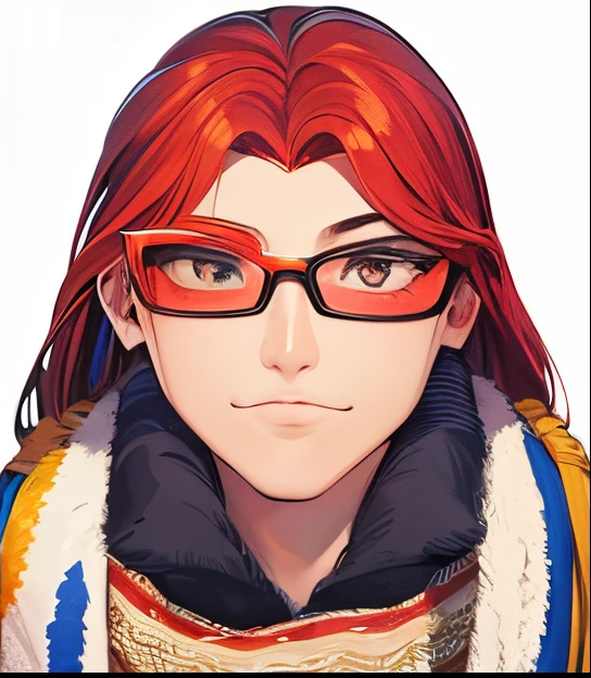 un dibujo de un HOMBRE con gafas y una bufanda, cabello color naranja, Su retrato manga.