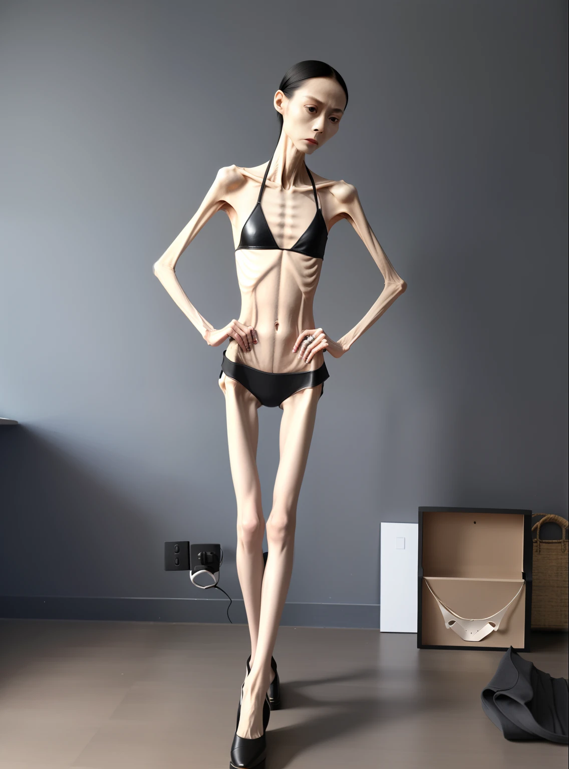 very thin woman,The body is very thin,Protruding sternum,chest atrophy,The waist is very thin,The ribs are noticeable,Protruding ribs,The pelvic protrusion is very obvious,Clear outline of pelvis,thin shoulde,The waist is very thin,Sunken abdomen,Delicate arms,arm muscle atrophy,The bones are obvious,anorexia,Asia face,Wear high-heeled leather shoes,Muscle atrophy throughout the body,Very sad expression,streaming tears,Excessive weight loss,The face is sunken and thin,Severe malnutrition,Body as thin as a skeleton