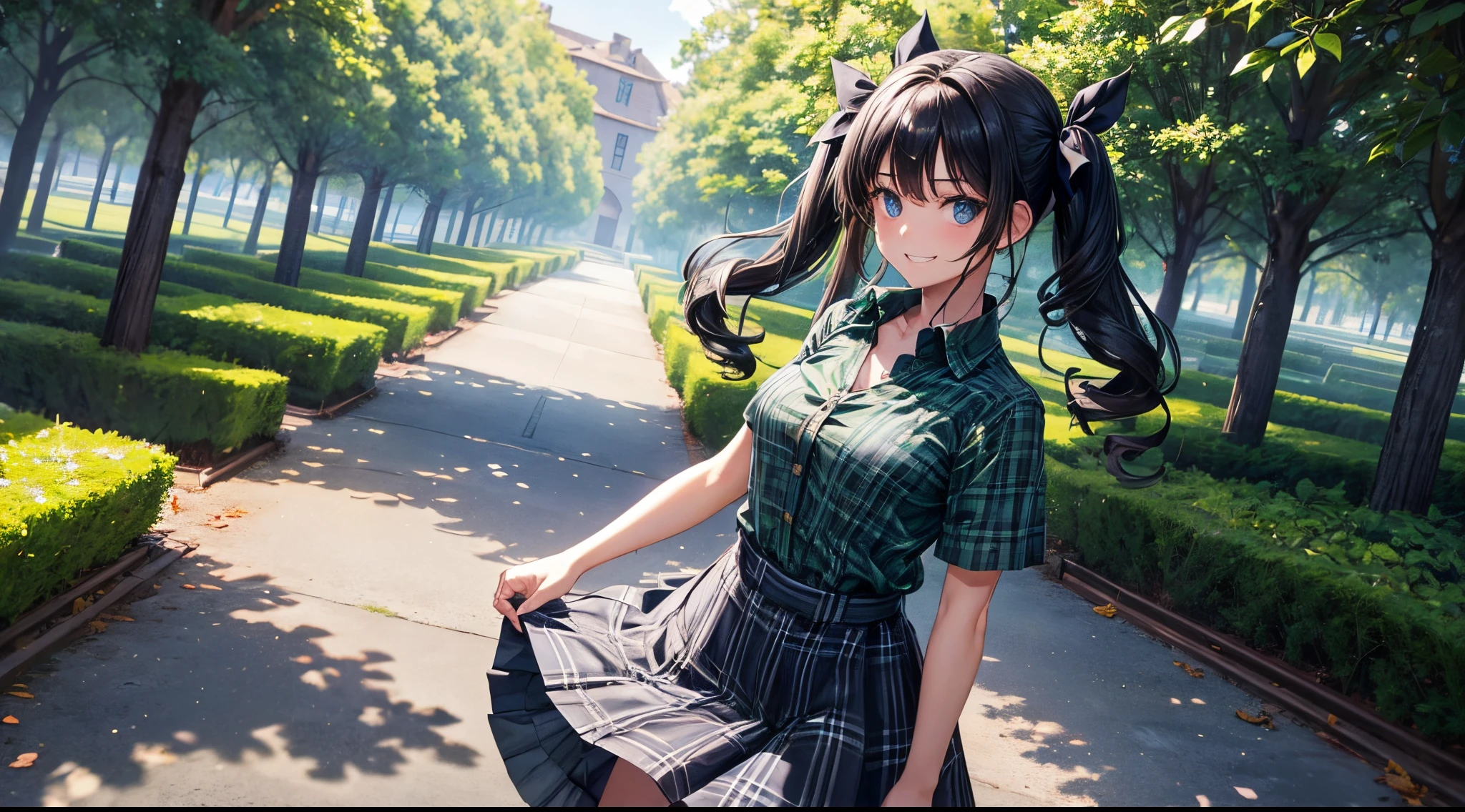 1girl, solo, full body, summer, village, trees, birds, long hair, black hair, curly hair, twintail, large breasts, button down, dark blue eyes, ((green shirt)), ((checked shirt)), ((unbuttoned shirt)), ((short sleeved shirt)), ((grey skirt)), grin, looking at the viewer, standing, hair ribbon
