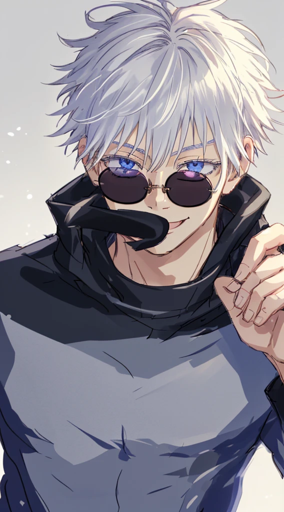satoru gojo,1boy,solo,male focus,white hair,short hair,hair between eyes,blue eyes,upper body,colored eyelashes,sunglasses,smile,