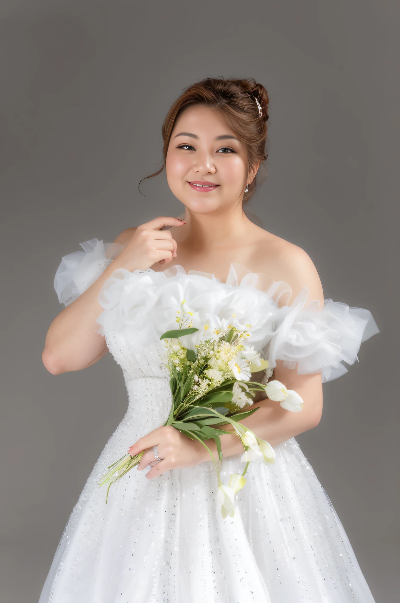 There was a woman in a white dress holding a bouquet of flowers..., Wear an organza dress., white outfit, Close-up photography studio, Wear a long dress..., with flowers, chiho, Inspired by Kim Jeong-hui, Inspired by Kim Du-ryang, portrait studio, a beautiful woman in white, Wear a wedding dress, Shoot in a professional studio
