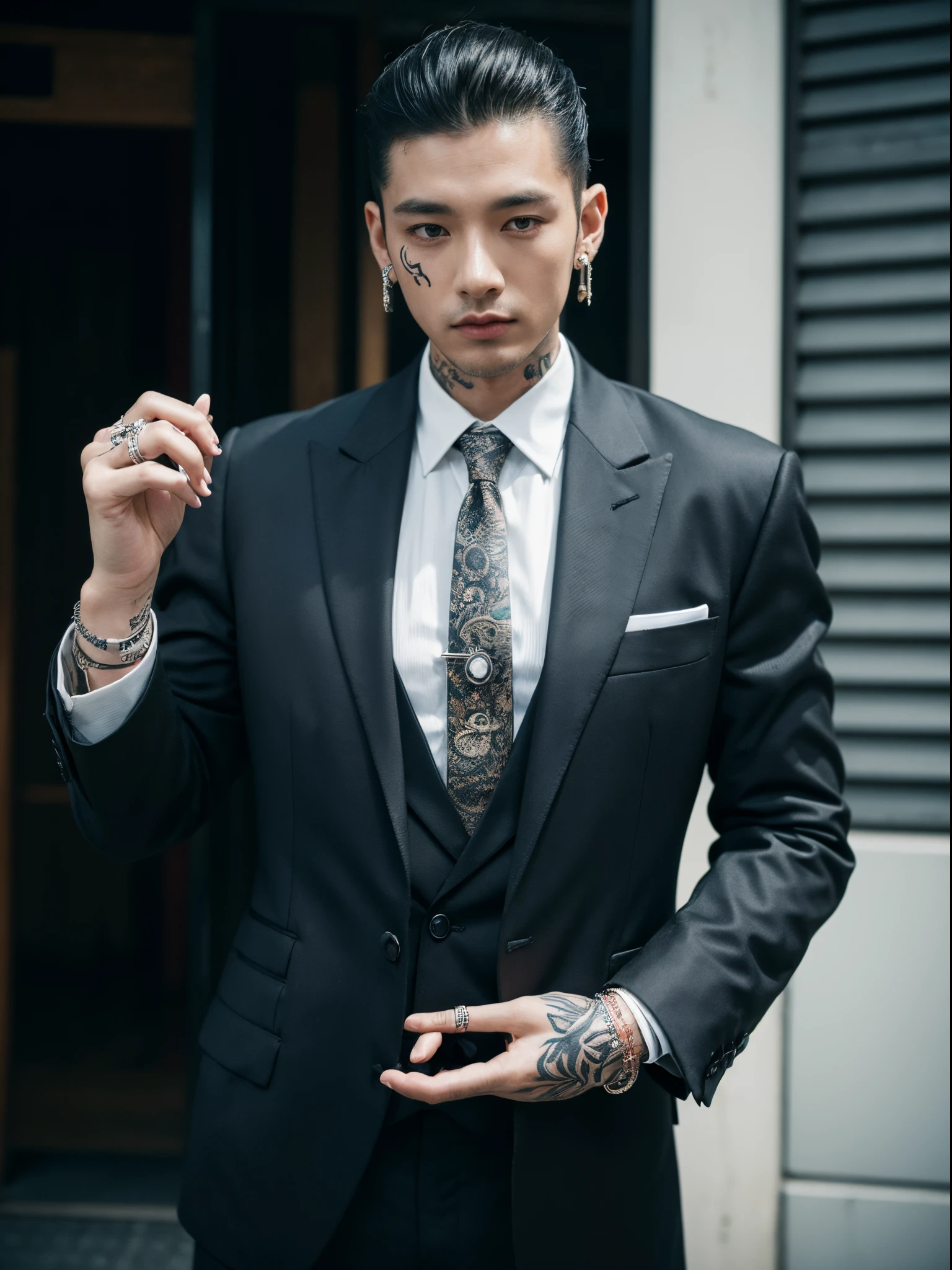 male, 30 years old, slick back, suit, rings, bracelets, piercings, body full of tattoos, japanese street, half body photo