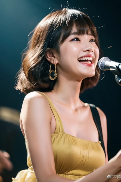 realistic, photogenic, concert, in front of a large audience, cheered on by the crowd, brightly lit by spotlights on the stage, extremely bright lighting, singing, wearing Japanese clothing like KIMONO, medium-length hair, bright brown hair, hair is blowing in the wind, hair is shaggy and dishevelled, beautiful white-colored translucent skin, sweat splashes, glamorous figure, heavy and vivid makeup, small nose, open mouth wide to sing, smooth shaped jawline, glossy face, heavy flushed cheeks, big smile, close-up shot, photorealistic, highly detailed, vibrant colors, dramatic lighting