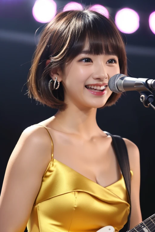 black people singing at a concert, fan is filming、large full breasts、Black stockings、(8K,masuter piece:1.2、top-quality)、(Live action、Intricate details)、Laugh、smil、yellow satin dress、、((8K)、top-quality、​masterpiece、超A high resolution:1.2)Pictures Beautiful women、Elegance、There is a good、Transparent atmosphere、Beautiful face、Gradient lighting、1girl in、Delicate skin、Look into the distance、Brown-eyed、(short hair with bangs:1.2)、(breasts are large:1.0)、(realisitic:1.4)、(top-quality:1.0)、(超A high resolution:1.0)、8K、Raw photography、(​masterpiece:0.2)、(pureerosface）、 Live Music、total darkness、subject、deep in the night、、Bangs shed to the side、Perfect hairstyle、Put your ears out、Laugh、smil、