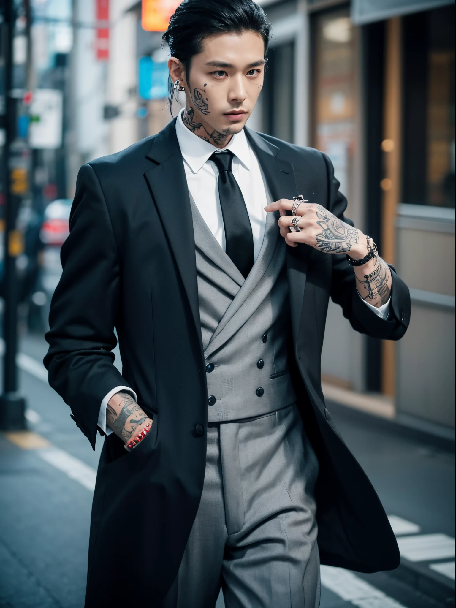 male, 30 years old, slick back, suit, rings, bracelets, piercings, body full of tattoos, japanese street, half body photo