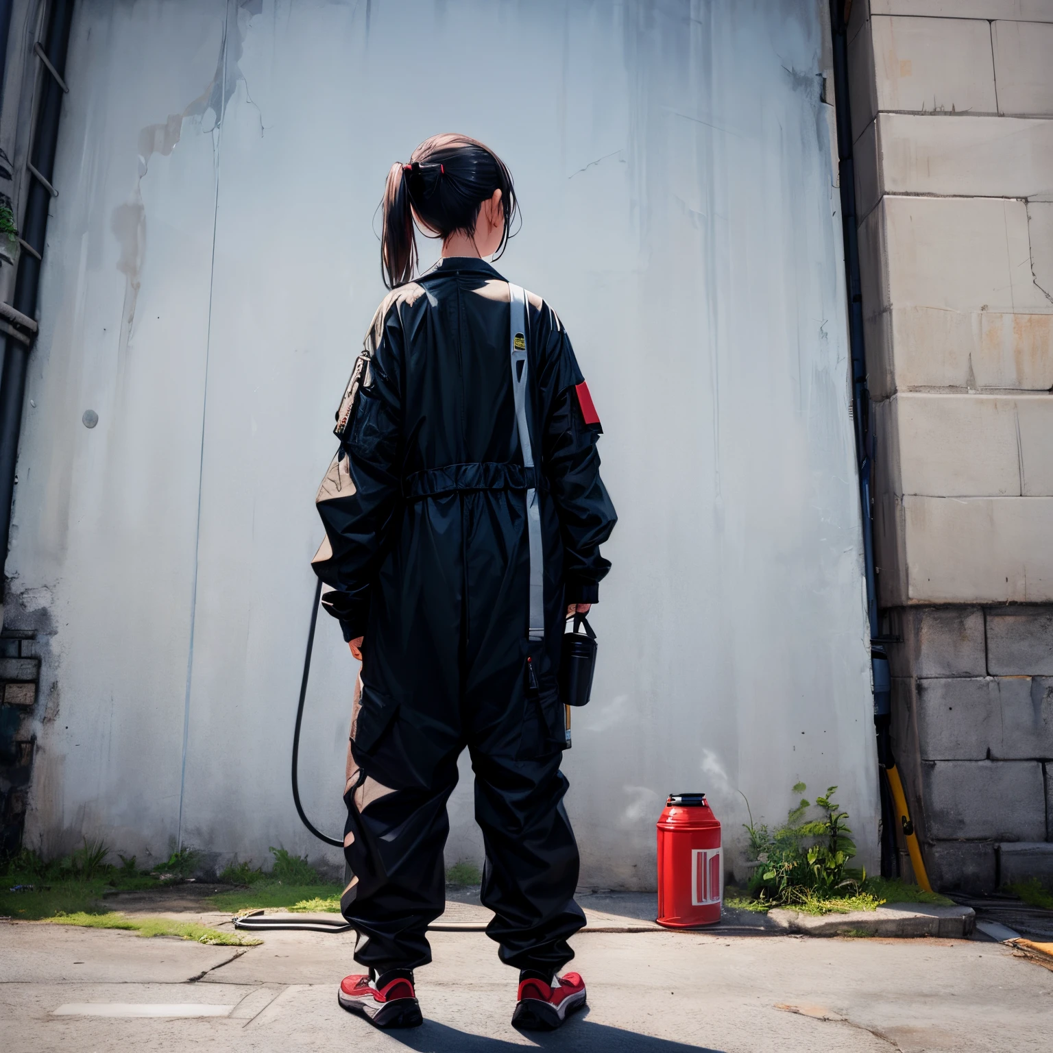 A person stands in front of a wall in baggy clothes with their back to the camera, which she is currently spraying with a spray can