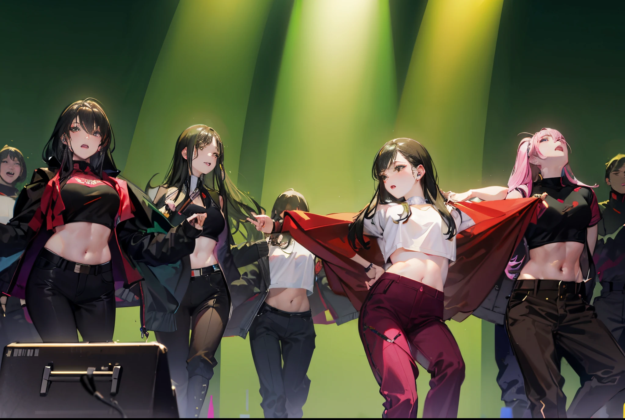 dancers in black and white outfits on stage with green background, performing on stage, concert footage, concert photo, performing, sf, kda, youtube video screenshot, choreographed, other women dancing behind, live performance, dancing in the background, chinese ribbon dance, contemporary dance, 😭 🤮 💕 🎀, doing a sassy pose, stylish pose, performing a music video