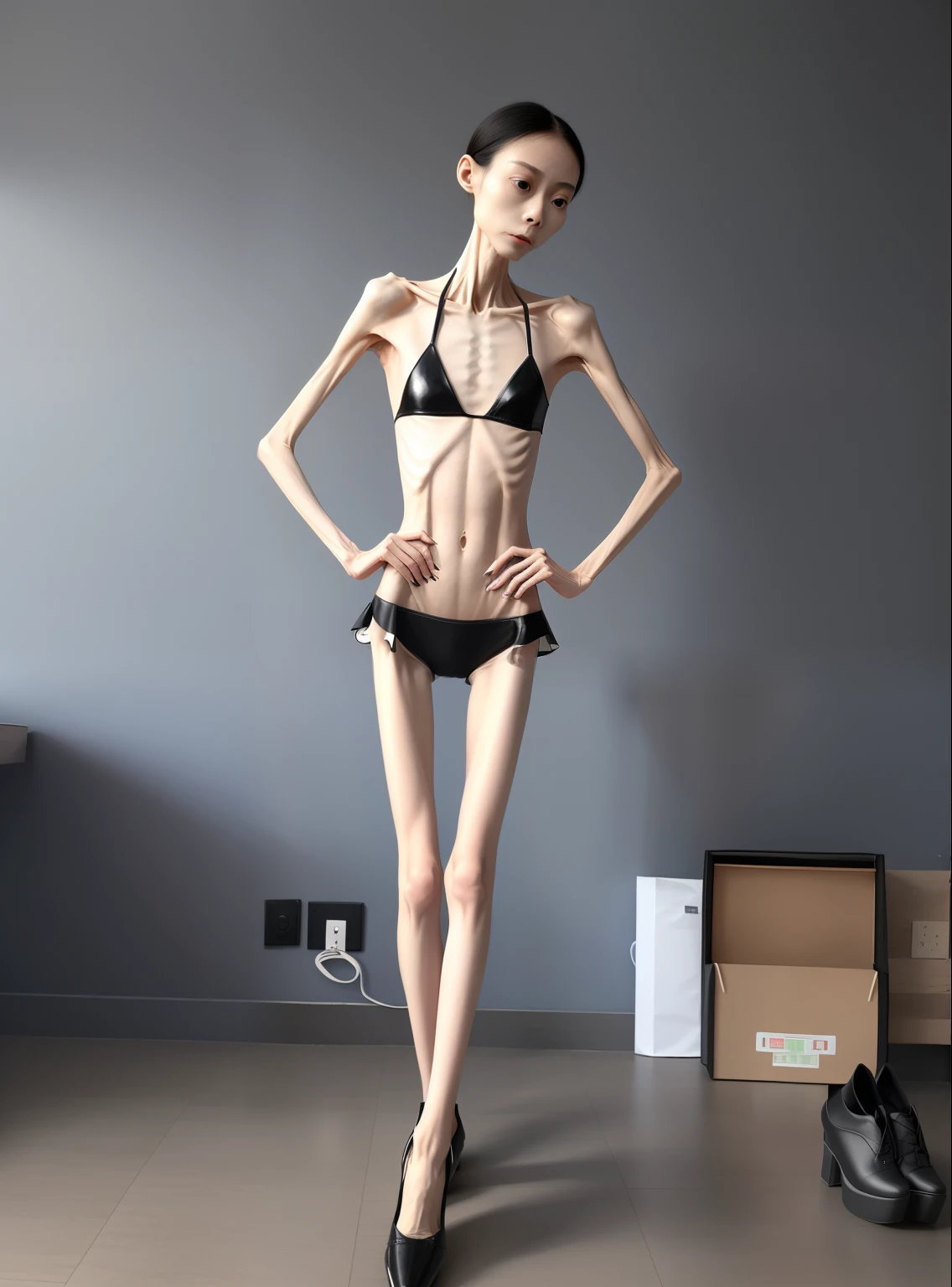 very thin woman，The body is very thin，Protruding sternum，chest atrophy，The waist is very thin，The ribs are noticeable，Protruding ribs，The pelvic protrusion is very obvious，Clear outline of pelvis，thin shoulde，The waist is very thin，Sunken abdomen，Delicate arms，arm muscle atrophy，delicate leg，Knees obviously protrude，Ankle bulges，The leg bones are obvious，anorexia，Asia face，Wear high-heeled leather shoes，Muscle atrophy throughout the body，Sad and tearful expression，Excessive weight loss，The face is sunken and thin，Severe malnutrition，Body as thin as a skeleton