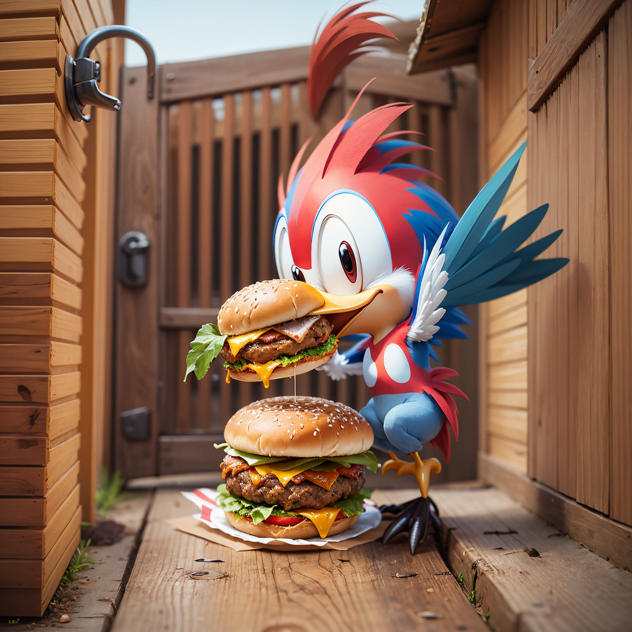 woody woodpecker eating hamburger --auto --s2