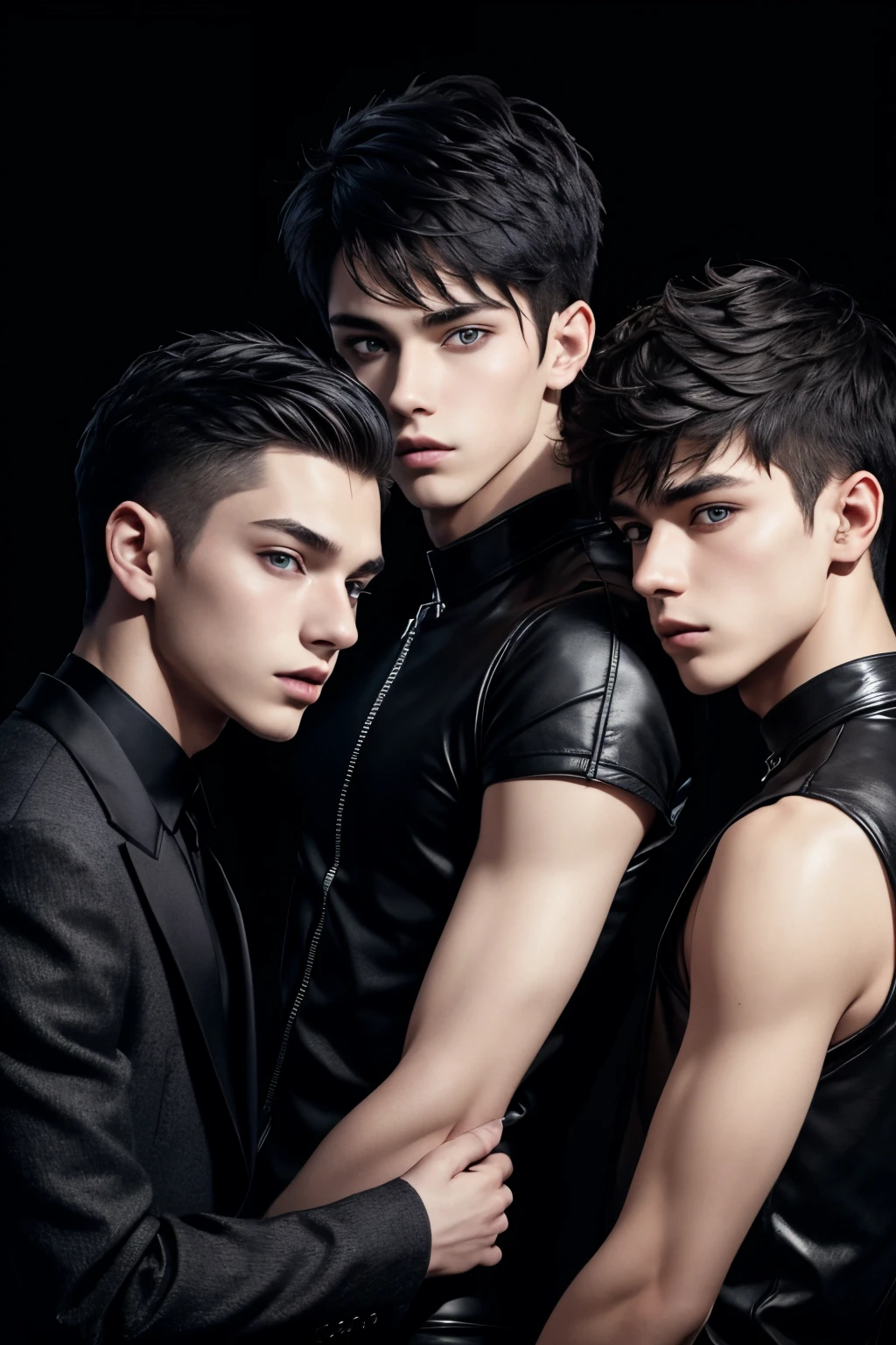 three 20 year old boys, twinks, they are together, each one is wearing black fashion clothes, they are posing for fashion editorial, photoshoot, faces, pop, fashion editorial, our view of them is from the shoulder to the head, black background