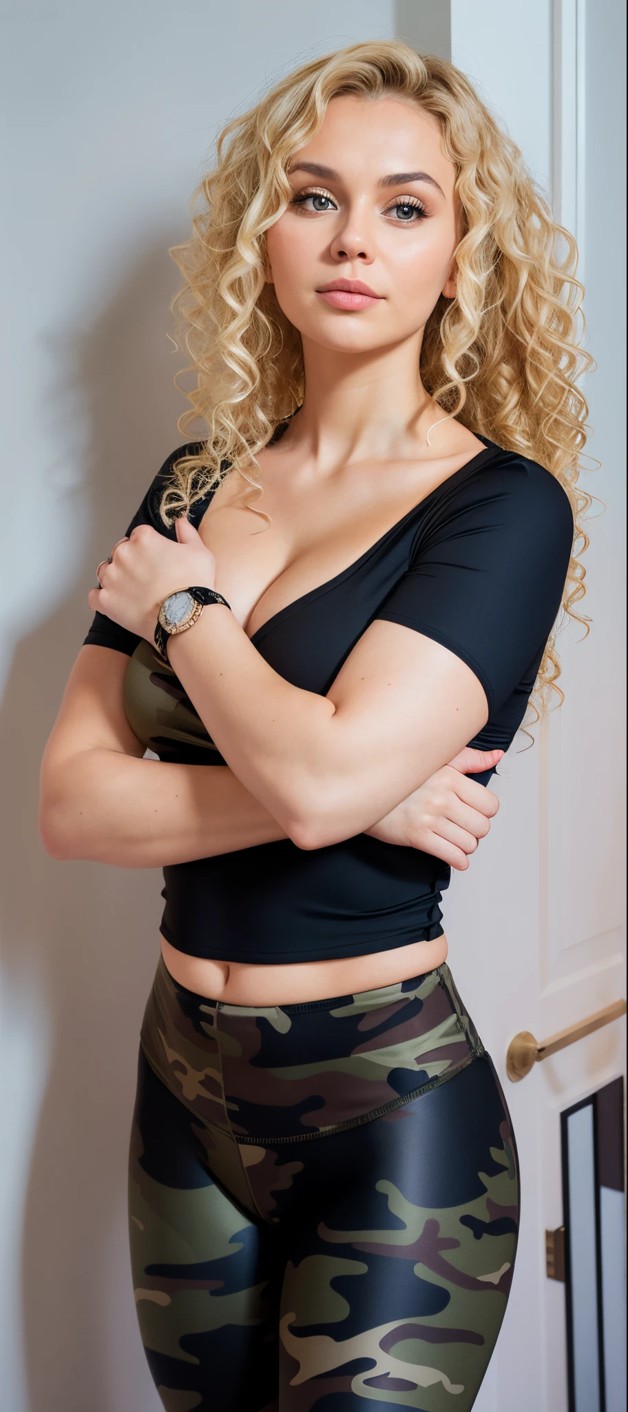 curvy woman with blonde curly hair and black blouse and camouflage leggings posing for a photo, arms crossed on chest, posing with crossed arms, arms crossed, Alina Ivanchenko, toned arms, folded arms, Martina Fackova, Viktoria Gavrilenko, arms to side, aleksandra waliszewska, folded arms, Olga Zakharova, skinny upper arms