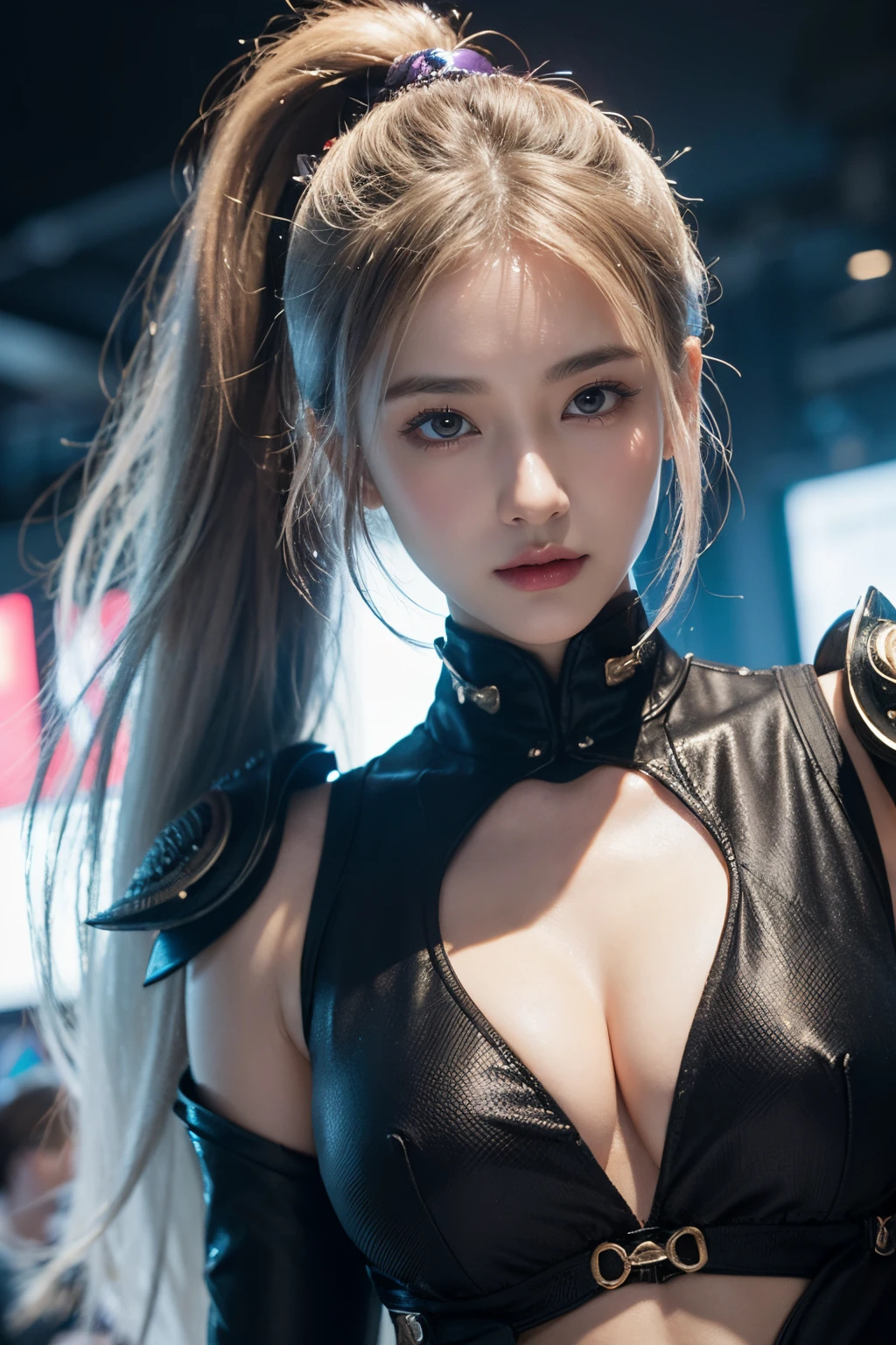 tmasterpiece,Best quality,A high resolution,8K,(Portrait),Head close-up,Original photo,digital photography,(The Girl of ancient Chinese style and cyberpunk style),20岁女孩,long ponytail hairstyle,By bangs,(Purple Eyes),(White hair),A plump chest,cleavage,Elegant and noble,Serious and indifferent,A silk dress with a fairy air,(Combat suit),joint armor,exposing your navel,Intricate ornaments,A style that combines cyberpunk and fantasy,Photo pose,white backgrounid,oc render reflection texture