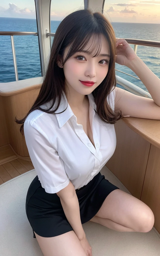 On cruise ships, Best quality at best, illustratio, ultra - detailed, finely detailled, A high resolution, 8k wallpaper, Perfect dynamic composition, 美丽细致的眼睛, cruise sales,Work uniforms,black lence stockings, middlebreast, Natural color lips, Casual and sexy poses,ssmile,20岁女孩、Colossal tits