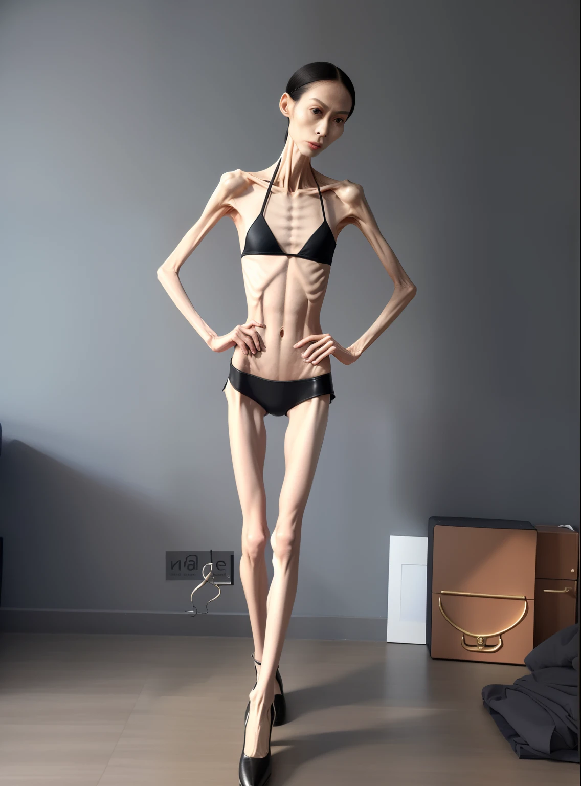 very thin woman，The body is very thin，Protruding sternum，chest atrophy，The waist is very thin，The ribs are noticeable，Protruding ribs，The pelvic protrusion is very obvious，Clear outline of pelvis，thin shoulde，The waist is very thin，Sunken abdomen，Delicate arms，arm muscle atrophy，Slender thighs，Knees are obviously protruding，Ankle bulges，The leg bones are obvious，leg muscle atrophy，anorexia，Asia face，Wear high-heeled leather shoes，Muscle atrophy throughout the body，Sad and tearful expression，Excessive weight loss，The face is sunken and thin，Severe malnutrition，Body as thin as a skeleton