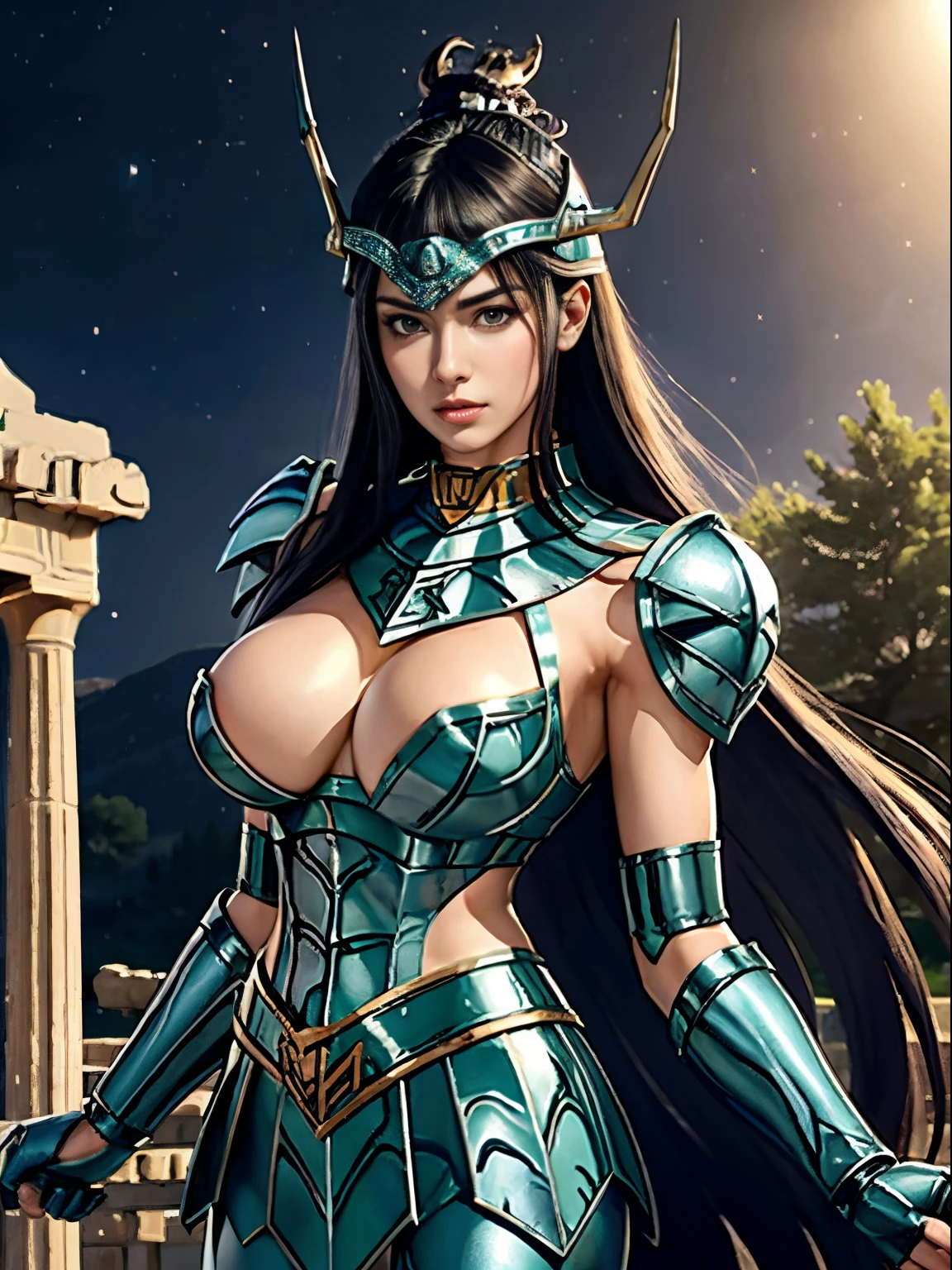 masterpiece, best quality, ultra high res, realistic skin texture, armature, (photorealistic:1.4), high resolution, raw photo, shiny skin, realistic skin texture, best lighting, sparkle, dramatic lighting, dynamic pose, (greek temple background:1.3), night sky, cosmos, milky way, 1girl, (medium breast:1.1), balanced eyes, Dragon Shiryu wearing green silver armor, purple pants, purple short sleeve shirt, wearing dragon helmet, roman skirt plate, (breast plate:1.5), very long hair, holding a shield, cleavage,