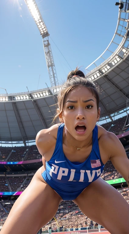 A cheerleader screaming in fear on a football field