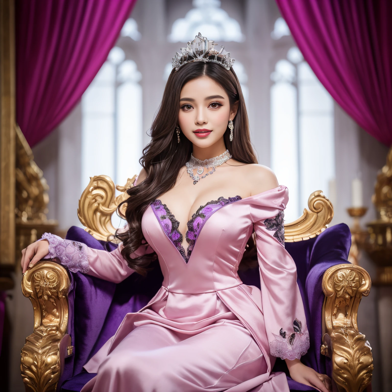 (top-quality、masutepiece、8K、Top image quality、Highly complex and detailed depictions)、one prostitute goddess、The best luxury where everything is unimaginable、most gorgeous goddess costume、(Surrounded by pink and purple curtains:1.2)、pink and purple lighting、Sit on a super-huge throne、(The background is the most luxurious and intricate pink and purple princess brothel:1.1)、Everything in the background is gorgeous in pink and purple、Shine intricately、The biggest smile staring at the camera、Upper body photo、The most gorgeous thrones、tons of pink and purple decorations、artistic décor、(lots of pink and purple roses:1.2)、(romantic indirect lighting:1.2)、Large amount of jewelry decoration、The most luxurious and huge tiara、detailed ornament、giant pink and purple costume、huge pink and purple sleeves、Very fine decoration、Very complex decoration、royal, yudai、Frontal close-up, a throne、symmetrical composition、huge and magnificent throne