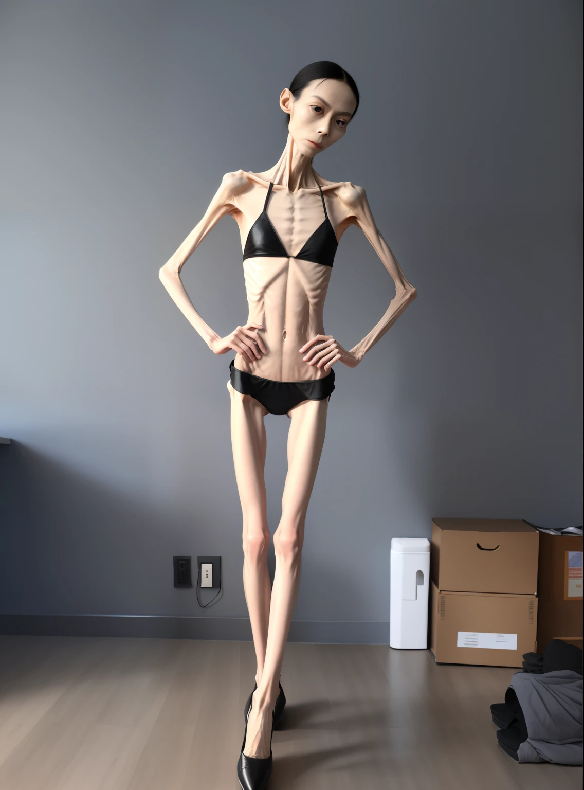 very thin woman，The body is very thin，Protruding sternum，chest atrophy，The waist is very thin，The ribs are noticeable，Protruding ribs，The pelvic protrusion is very obvious，Clear outline of pelvis，thin shoulde，The waist is very thin，Sunken abdomen，Delicate arms，arm muscle atrophy，very thin legs，Knees are obviously protruding，Ankle bulges，The leg bones are obvious，leg muscle atrophy，anorexia，Asia face，Wear high-heeled leather shoes，Muscle atrophy throughout the body，Sad and tearful expression，Excessive weight loss，The face is sunken and thin，Severe malnutrition，Body as thin as a skeleton