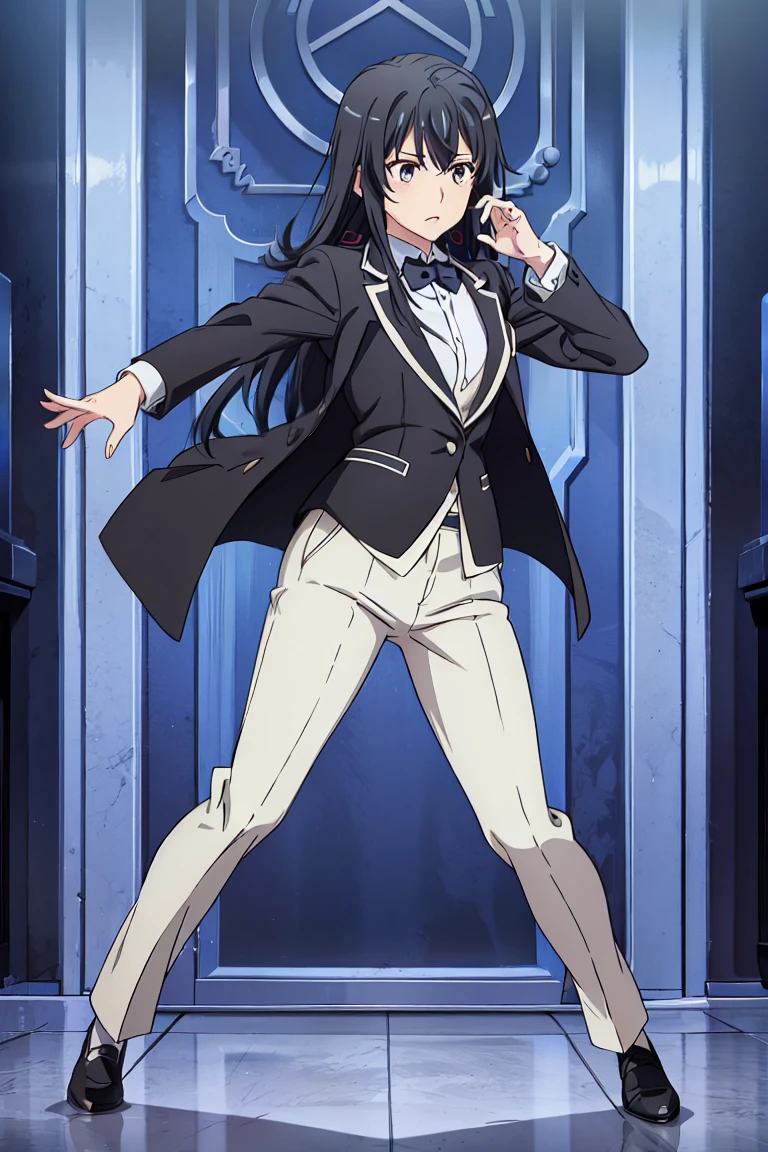 1girl, Yukinoshita wears a tuxedo with a long silk jacket and tight white pants, Long black hair, Full body, Waltz