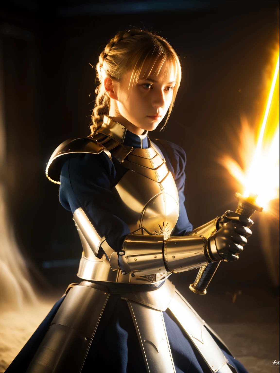 Best Quality, masutepiece,Saber, Faltria, 1girl in, Solo, armor, arma, Sword, glowing sword, glowing weapons, french braids, Armored dress, blazing, gauntlets, Holding, breastplates, Hair bun, Upper body