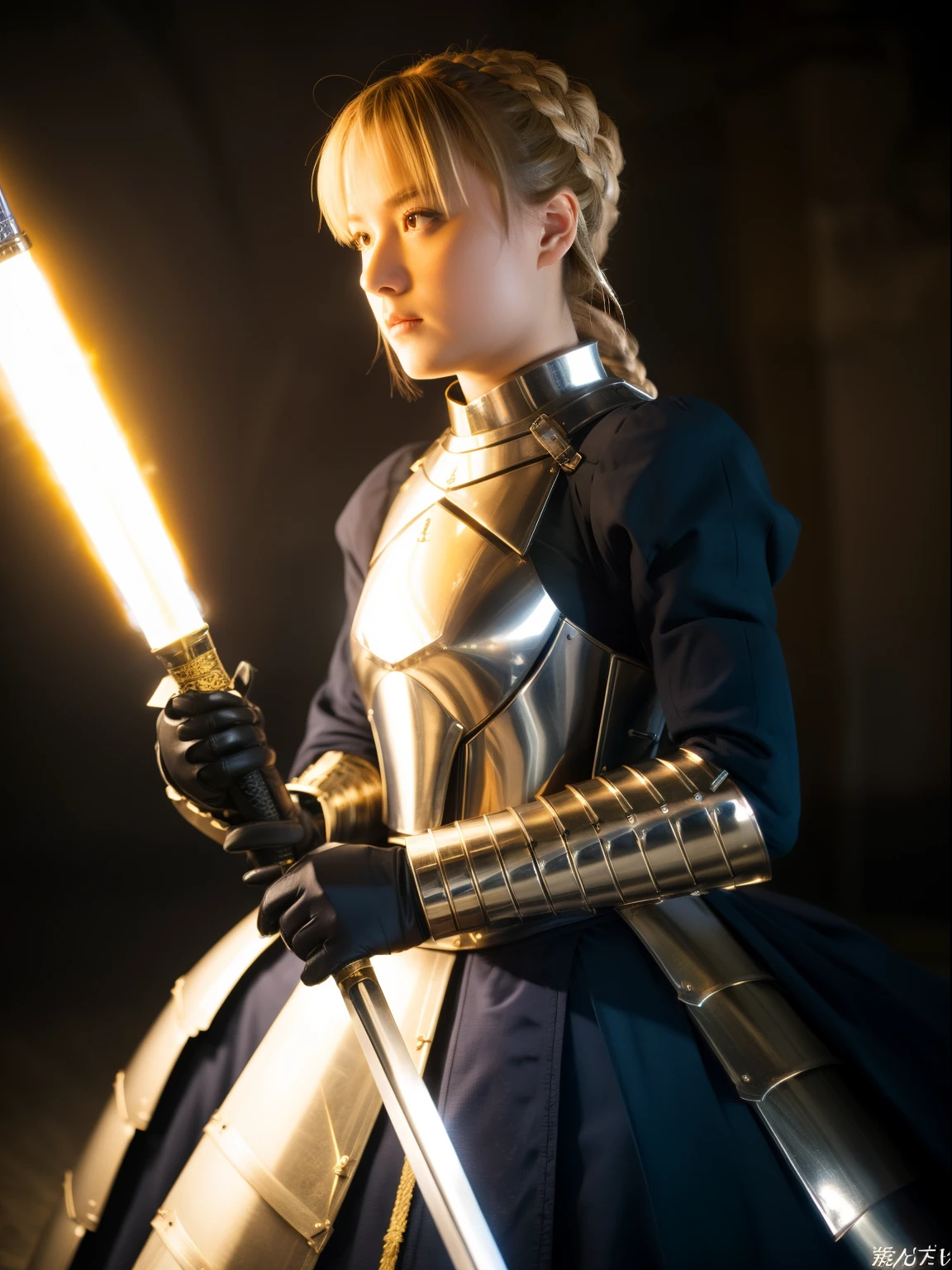 Best Quality, masutepiece,Saber, Faltria, 1girl in, Solo, armor, arma, Sword, glowing sword, glowing weapons, french braids, Armored dress, blazing, gauntlets, Holding, breastplates, Hair bun, Upper body