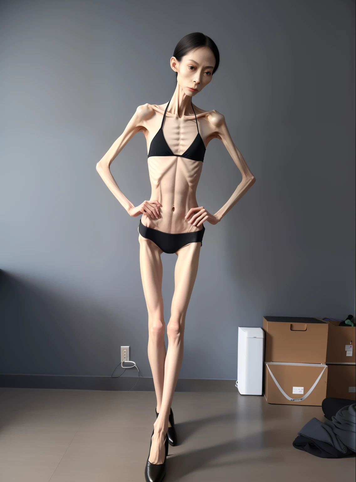 very thin woman，The body is very thin，Protruding sternum，chest atrophy，The waist is very thin，The ribs are noticeable，Protruding ribs，The pelvic protrusion is very obvious，Clear outline of pelvis，thin shoulde，The waist is very thin，Sunken abdomen，Delicate arms，arm muscle atrophy，slender thigh，Knees are obviously protruding，Ankle bulges，The leg bones are obvious，leg muscle atrophy，anorexia，Asia face，Wear high-heeled leather shoes，Wearing flesh-colored stockings，Muscle atrophy throughout the body，Sad and tearful expression，Excessive weight loss，The face is sunken and thin，Severe malnutrition，Body as thin as a skeleton