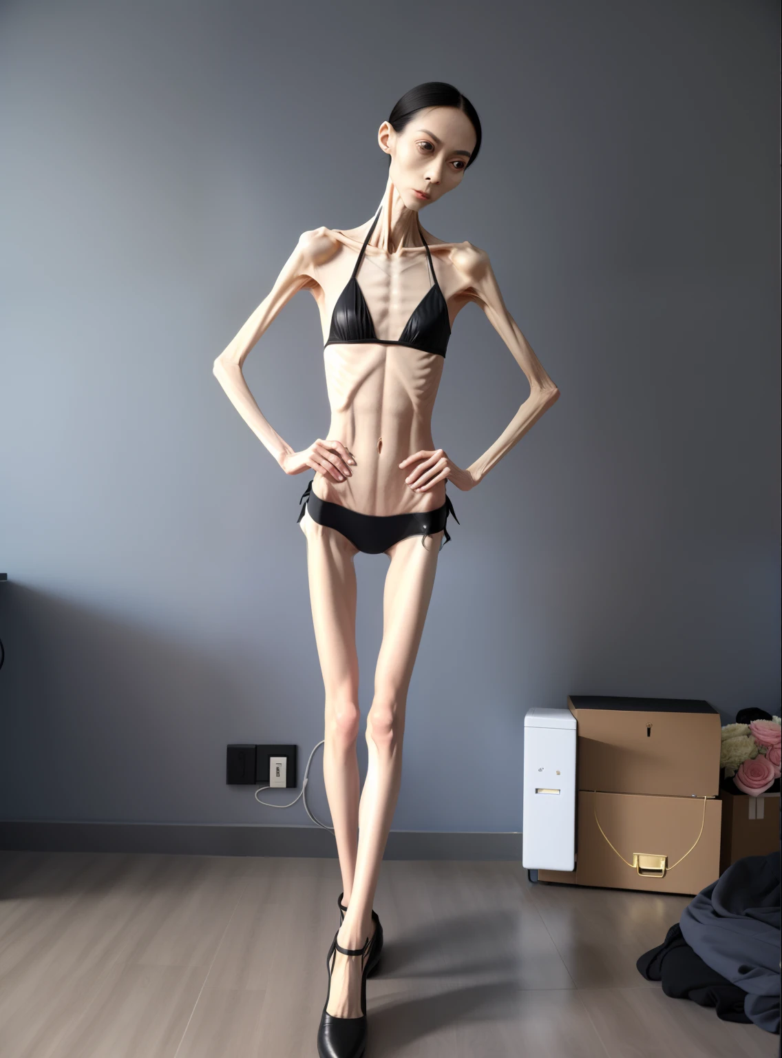 very thin woman,The body is very thin,Protruding sternum,chest atrophy,The waist is very thin,The ribs are noticeable,Protruding ribs,The pelvic protrusion is very obvious,Clear outline of pelvis,thin shoulde,The waist is very thin,Sunken abdomen,Delicate arms,arm muscle atrophy,slender thigh,Knees are obviously protruding,Ankle bulges,The leg bones are obvious,leg muscle atrophy,anorexia,Asia face,Wear high-heeled leather shoes,Wearing flesh-colored stockings,Muscle atrophy throughout the body,Sad and tearful expression,Excessive weight loss,The face is sunken and thin,Severe malnutrition,Body as thin as a skeleton