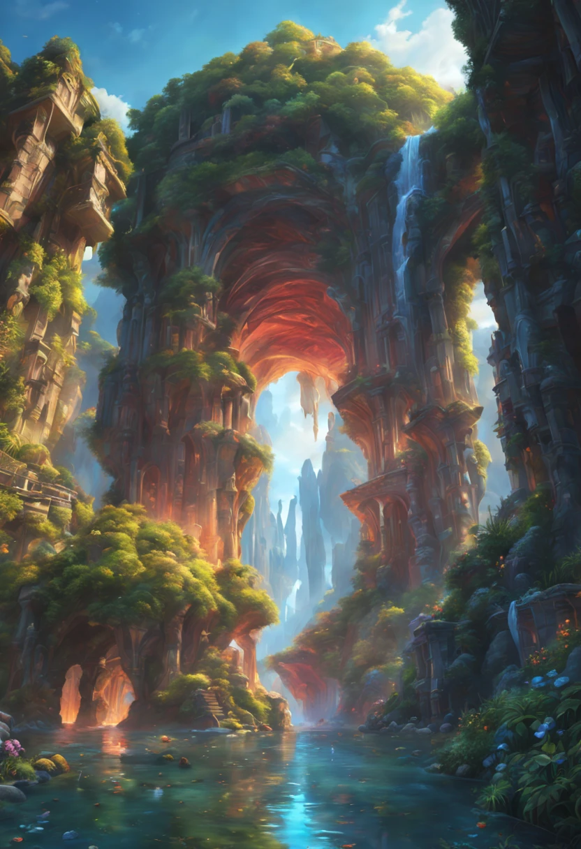 (best quality,4k,8k,highres,masterpiece:1.2),ultra-detailed,(realistic,photorealistic,photo-realistic:1.37),vivid colors,beautiful vibrant scene,enchanted world full of magic and power,breathtakingly detailed magical creatures,ethereal beings with mesmerizing eyes,glowing plants and flowers,fantastic landscapes with floating islands and waterfalls,colorful whimsical architecture,mystical artifacts and ancient ruins,sparkling crystals and shimmering gems,spellbinding spells and enchantments,celestial light illuminating the scene,harmonious blend of warm and cool tones,dynamic and dramatic lighting effects,impressive depth and perspective,striking attention to detail in every aspect of the artwork,imagination brought to life in a captivating and immersive way,awe-inspiring sense of wonder and amazement.