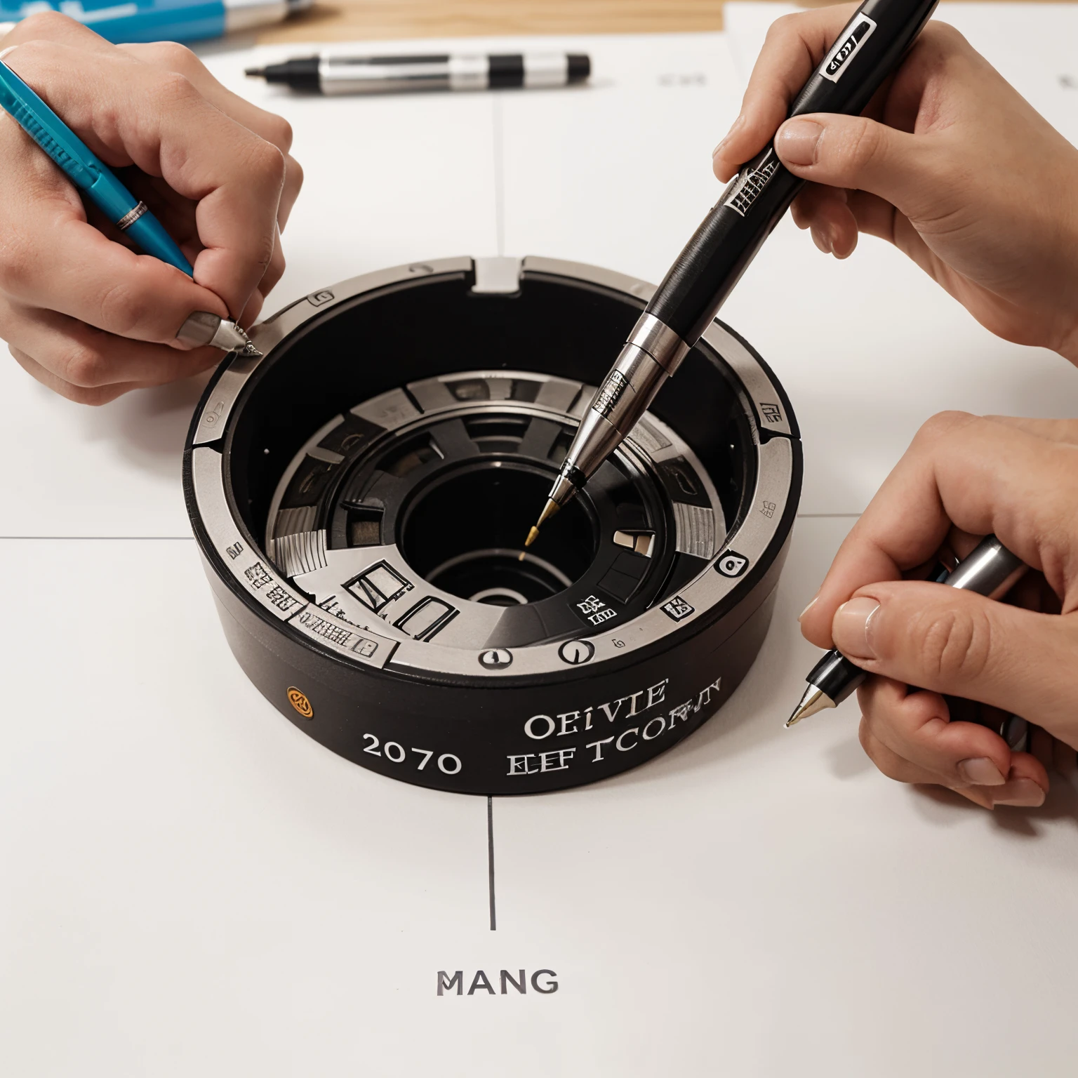 Create a pen with correction tape inside on the back, pointing out the parts