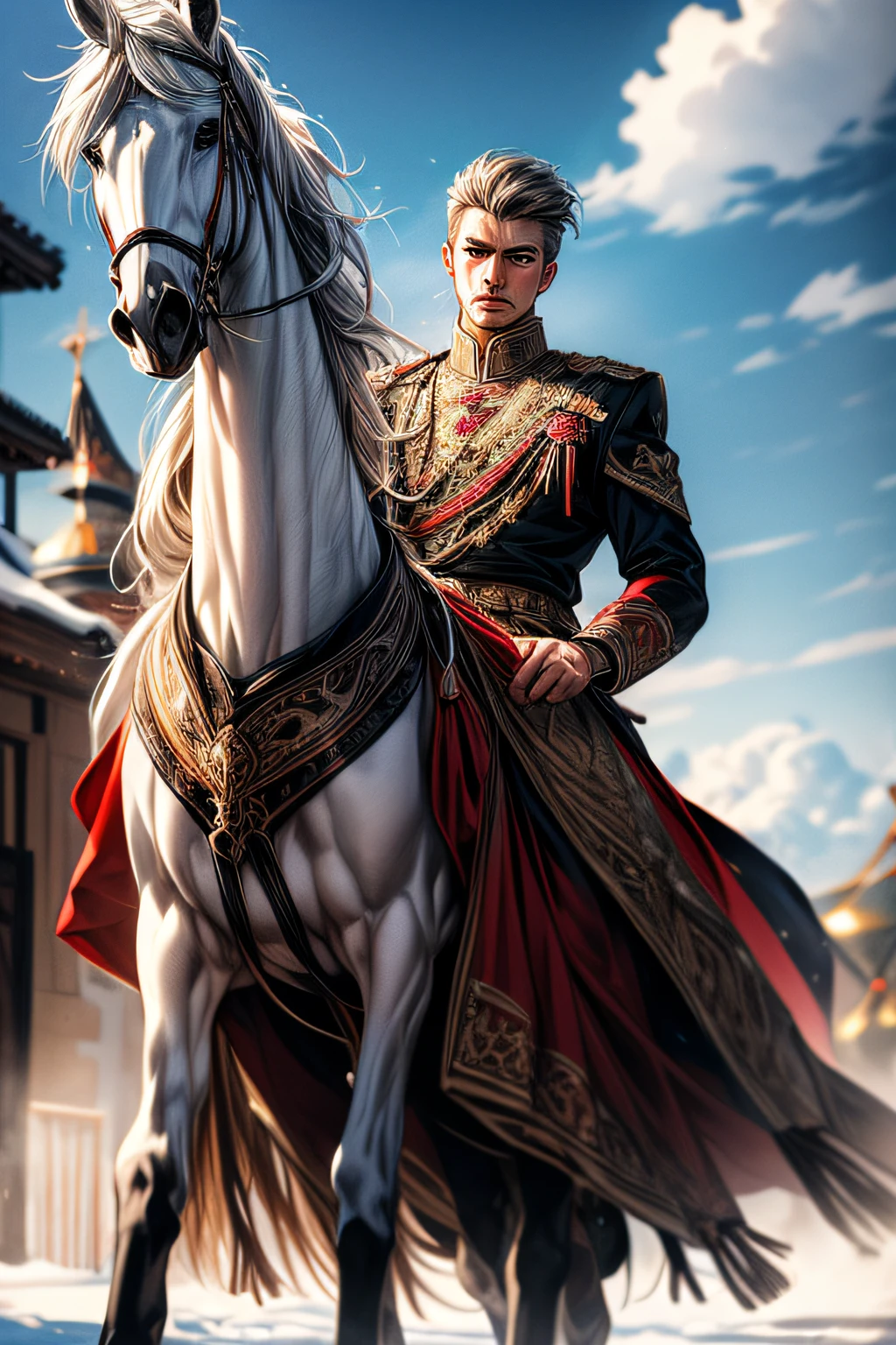 White horse and russian slavic dress on the man