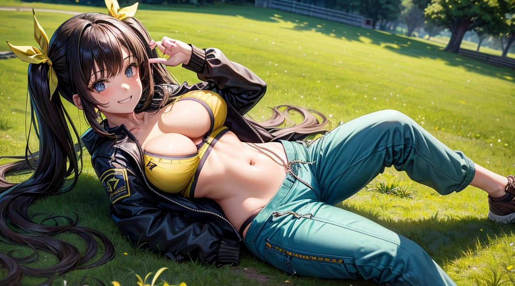 1girl, solo, full body, summer, village, trees, long hair, dark green hair, curly hair, twintail, large breasts, sport bra, belly, dark blue eyes, ((opened brown zipper jacket)), yellow pants, grin, looking at the viewer, running, hair ribbon