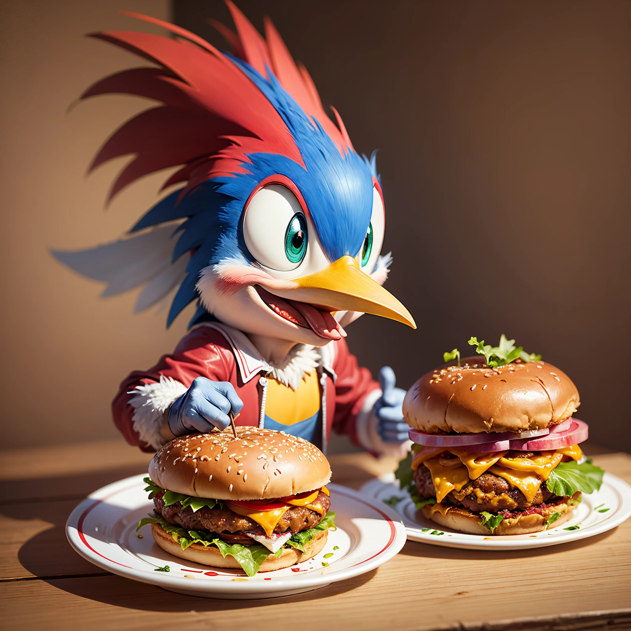 woody woodpecker eating hamburger --auto --s2