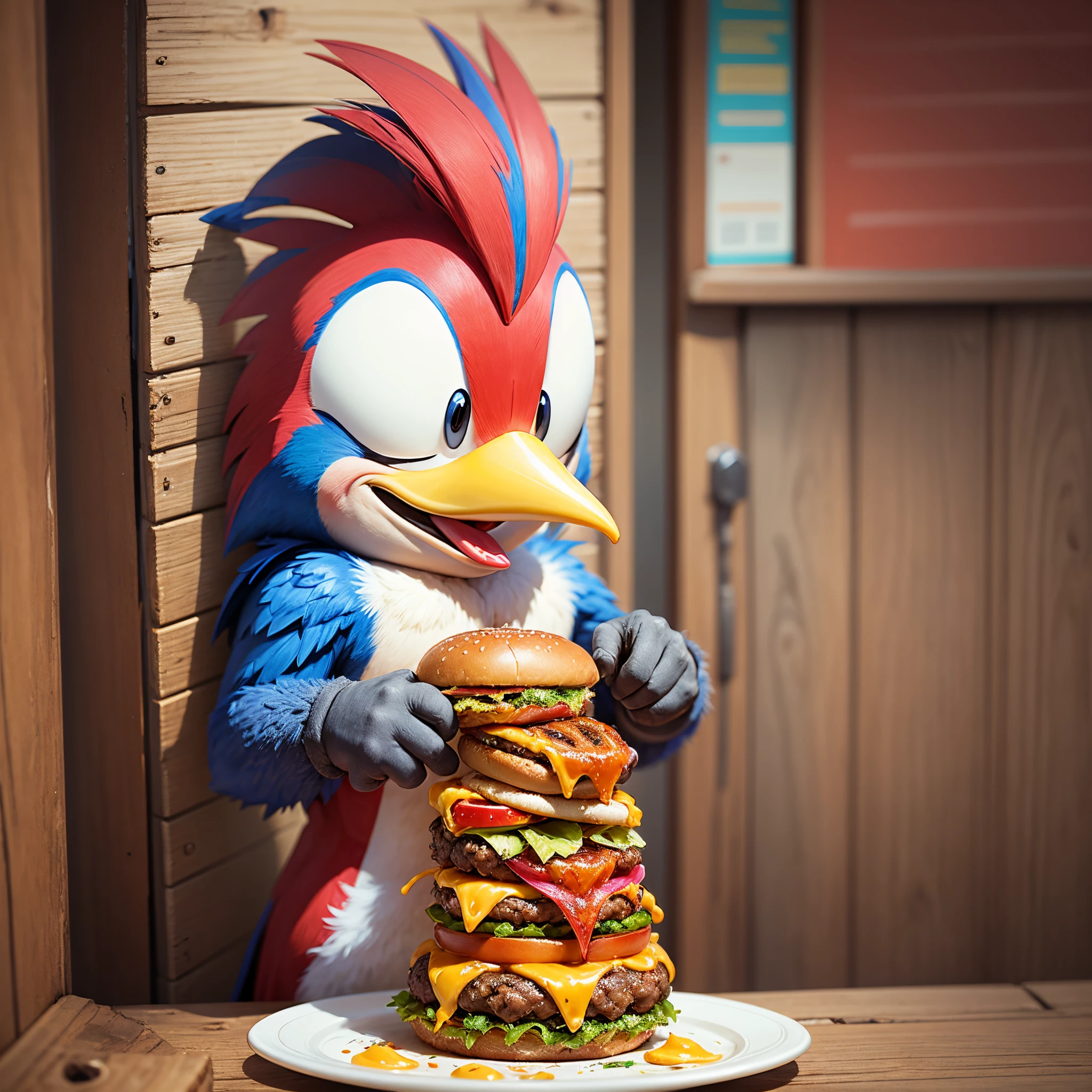woody woodpecker eating hamburger --auto --s2